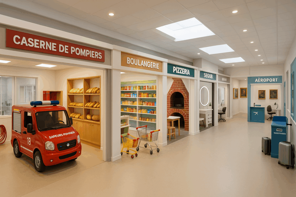 Ville miniature Youpi Parc City avec caserne de pompiers, boulangerie, pizzeria et aéroport