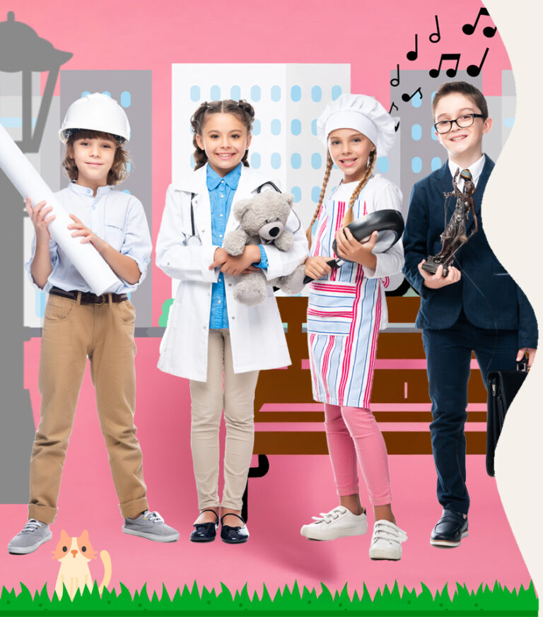 Enfants déguisés en métiers chez Youpi Parc City : architecte, médecin, cuisinière et pilote